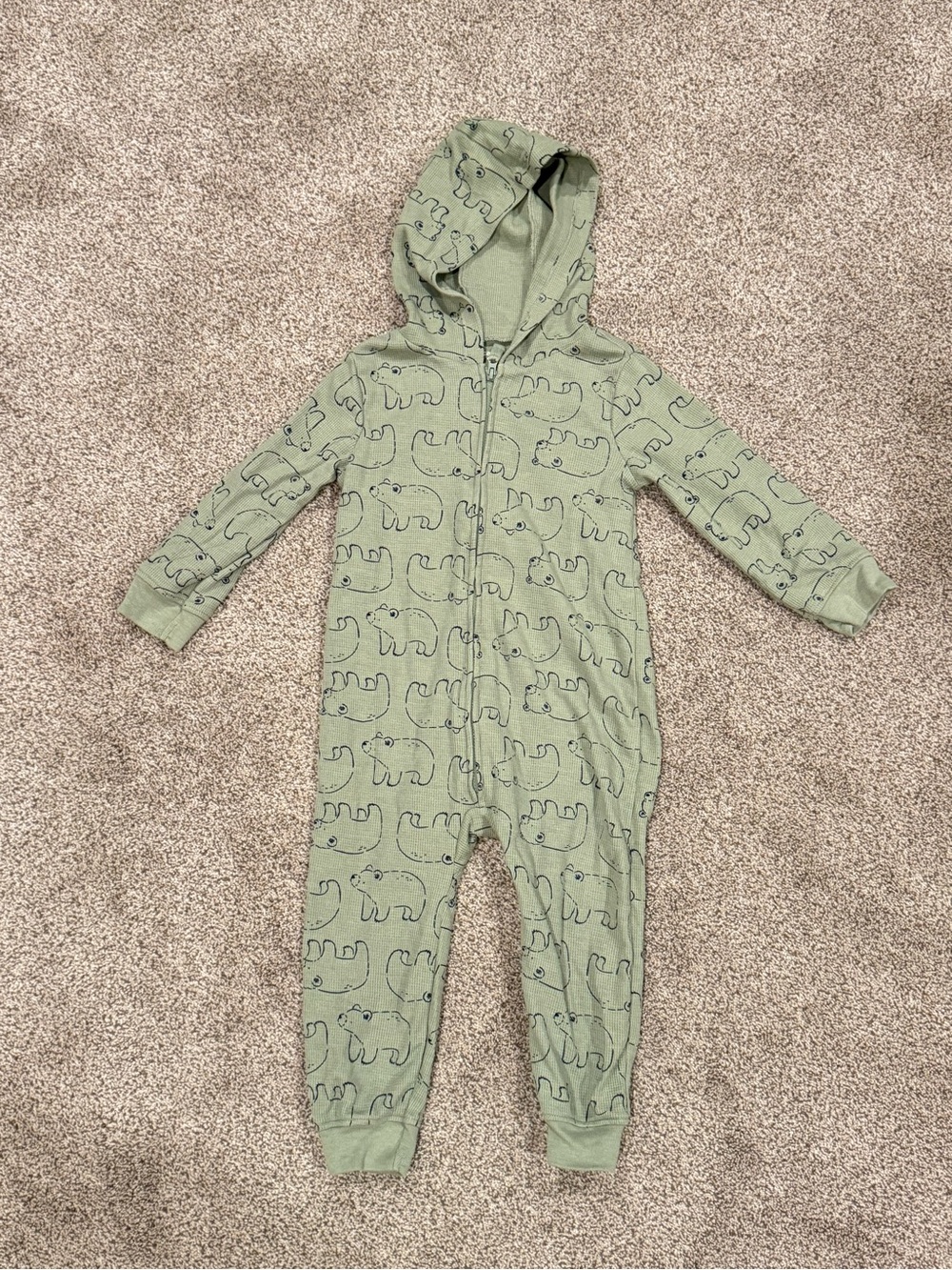 24 Months Hooded One-Piece Jumpsuit -Sage with Bear Print